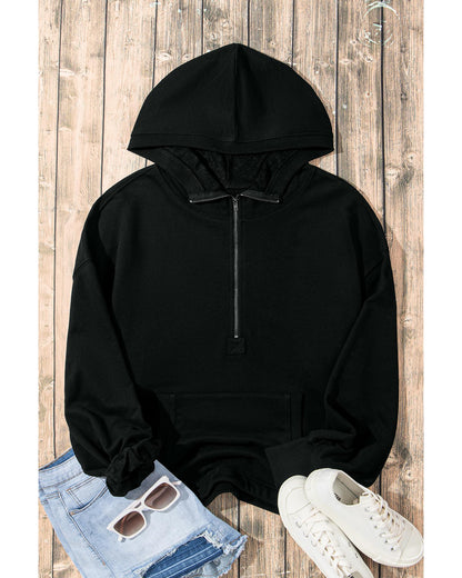 Black Solid Kangaroo Pocket Half Zipper Oversized Hoodie - L