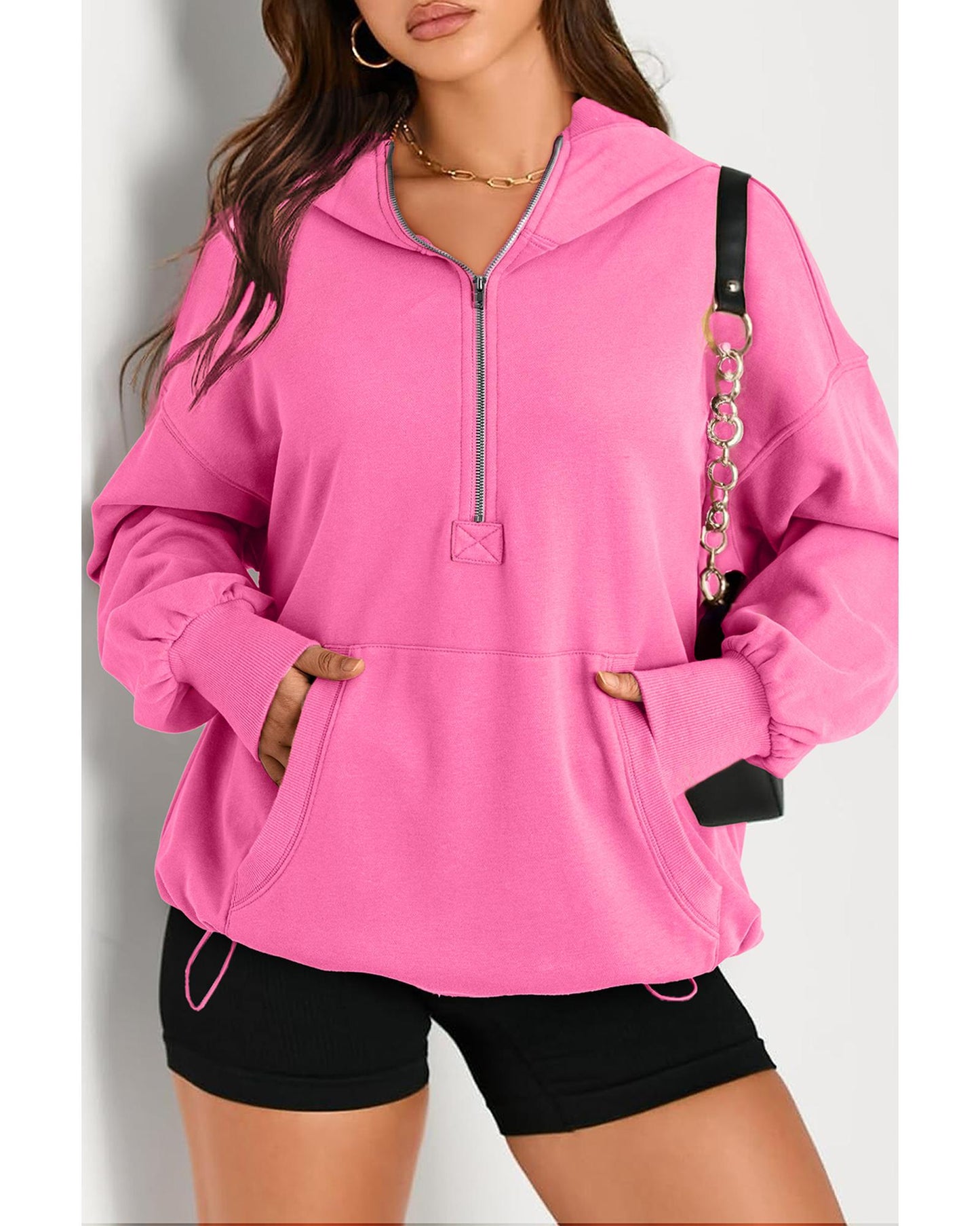 Bonbon Solid Kangaroo Pocket Half Zipper Oversized Hoodie - M
