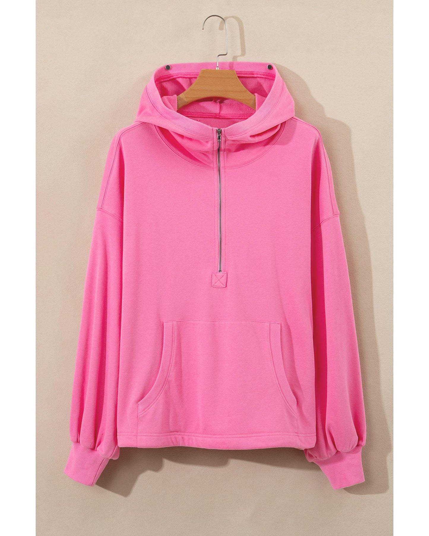 Bonbon Solid Kangaroo Pocket Half Zipper Oversized Hoodie - S
