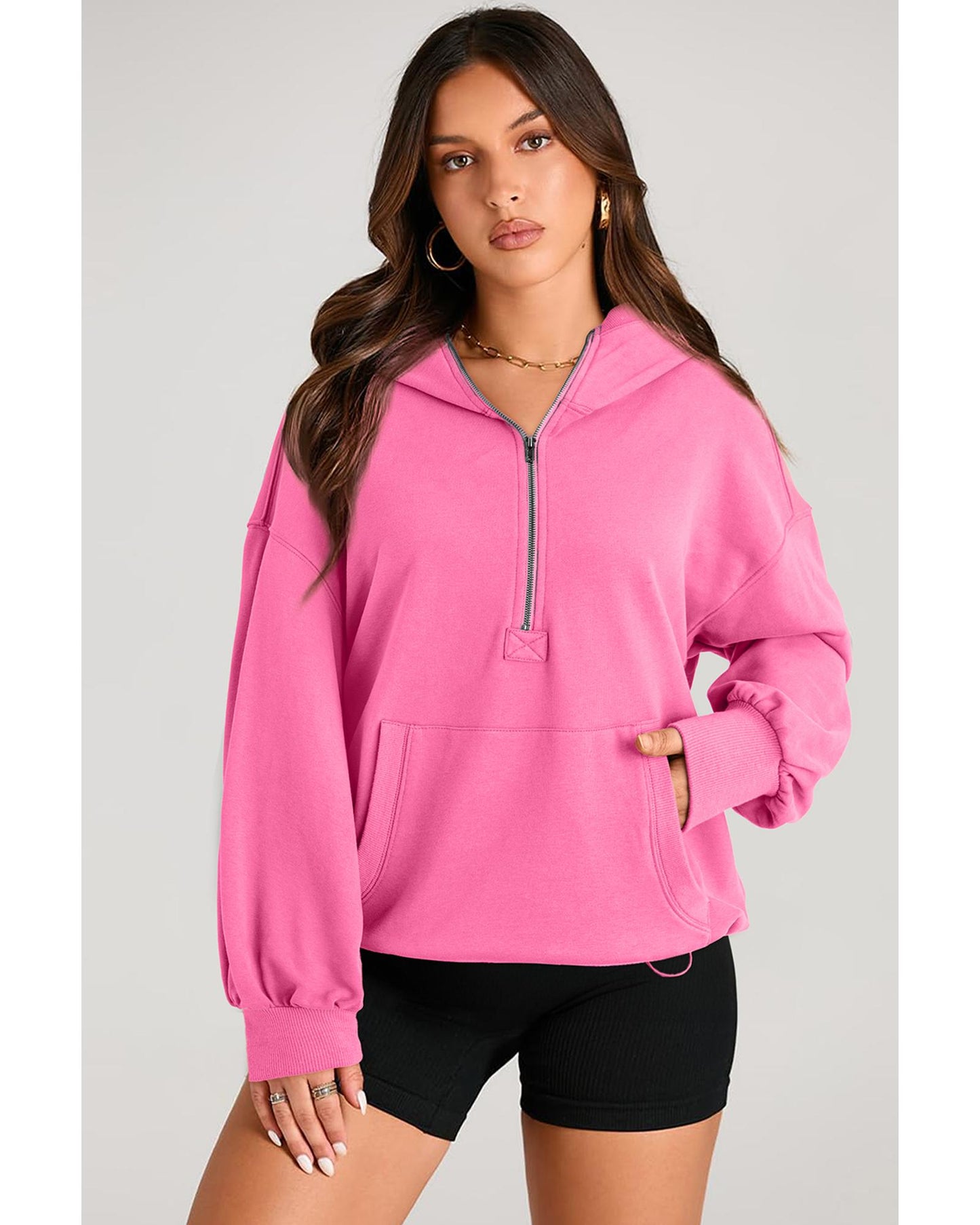 Bonbon Solid Kangaroo Pocket Half Zipper Oversized Hoodie - XL