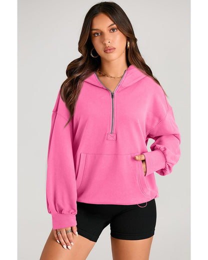 Bonbon Solid Kangaroo Pocket Half Zipper Oversized Hoodie - XL