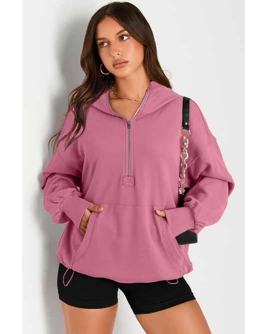 Valerian Solid Kangaroo Pocket Half Zipper Oversized Hoodie - L