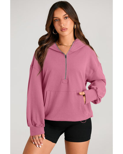 Valerian Solid Kangaroo Pocket Half Zipper Oversized Hoodie - L