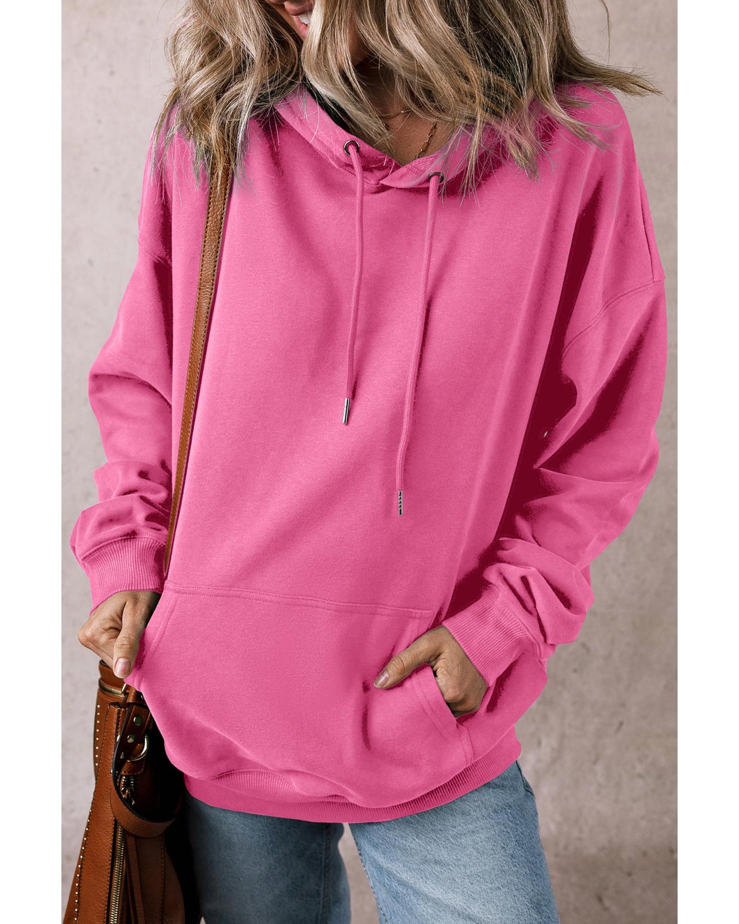 Bonbon Solid Kangaroo Pocket Drawstring Loose Fit Hoodie - L