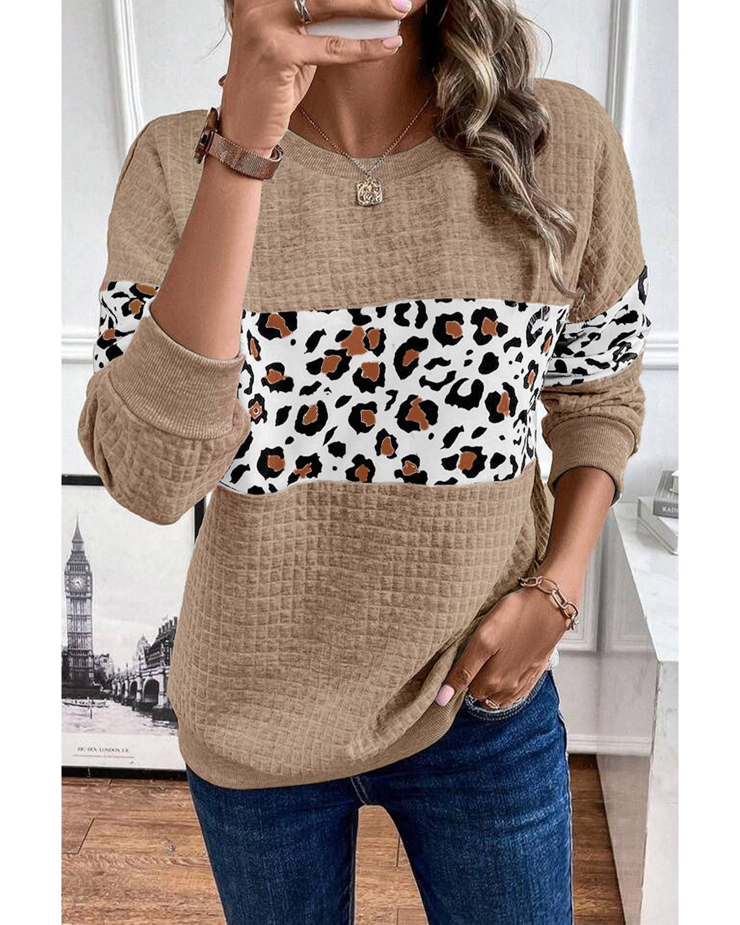 Parchment Leopard Quilted Patchwork Crew Neck Sweatshirt - XL
