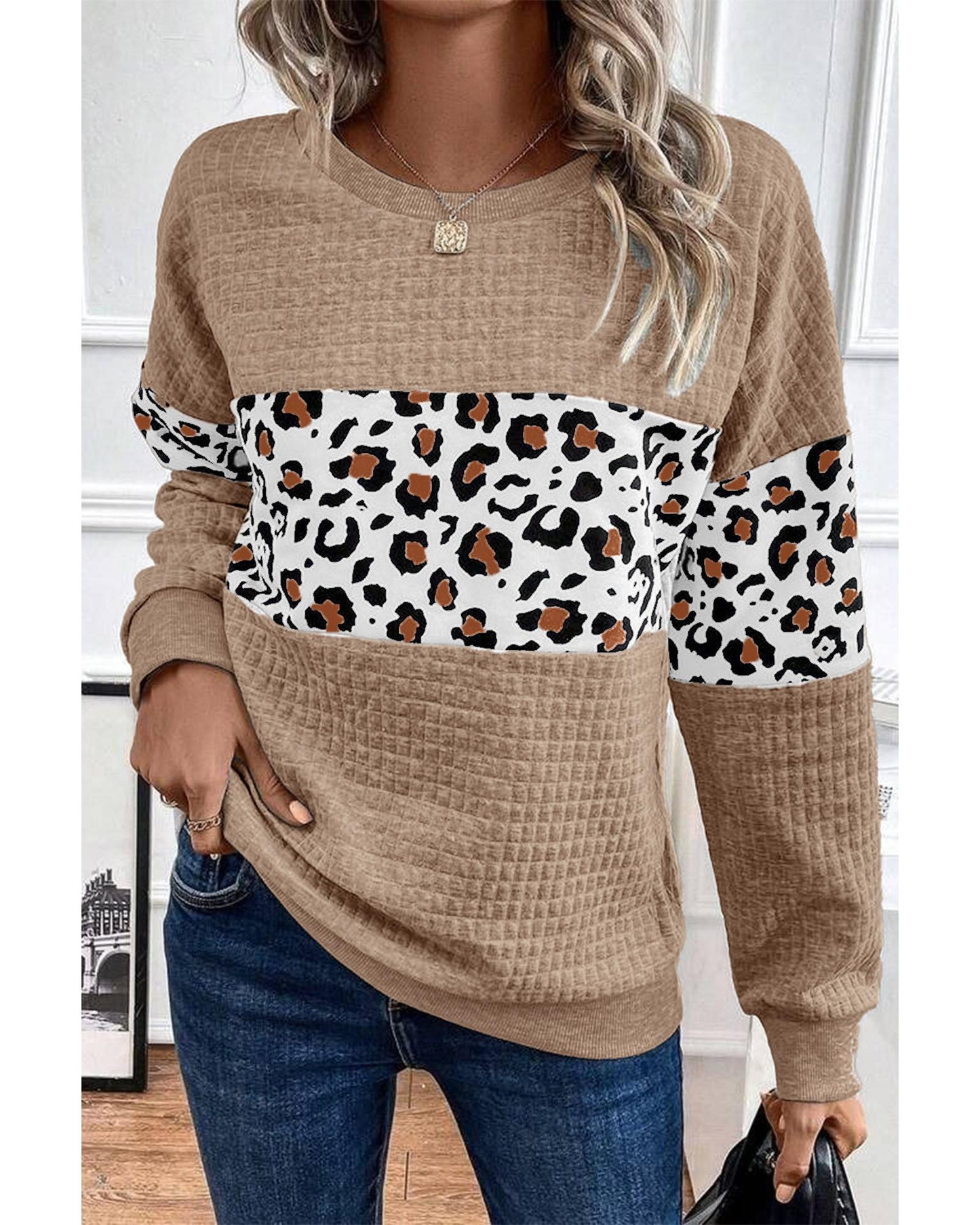 Parchment Leopard Quilted Patchwork Crew Neck Sweatshirt - XL
