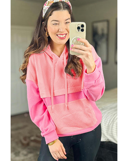 Pink Textured Color Block Kangaroo Pocket Drop Shoulder Hoodie - 2XL