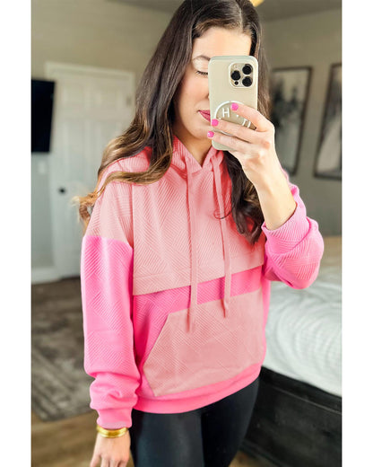 Pink Textured Color Block Kangaroo Pocket Drop Shoulder Hoodie - L