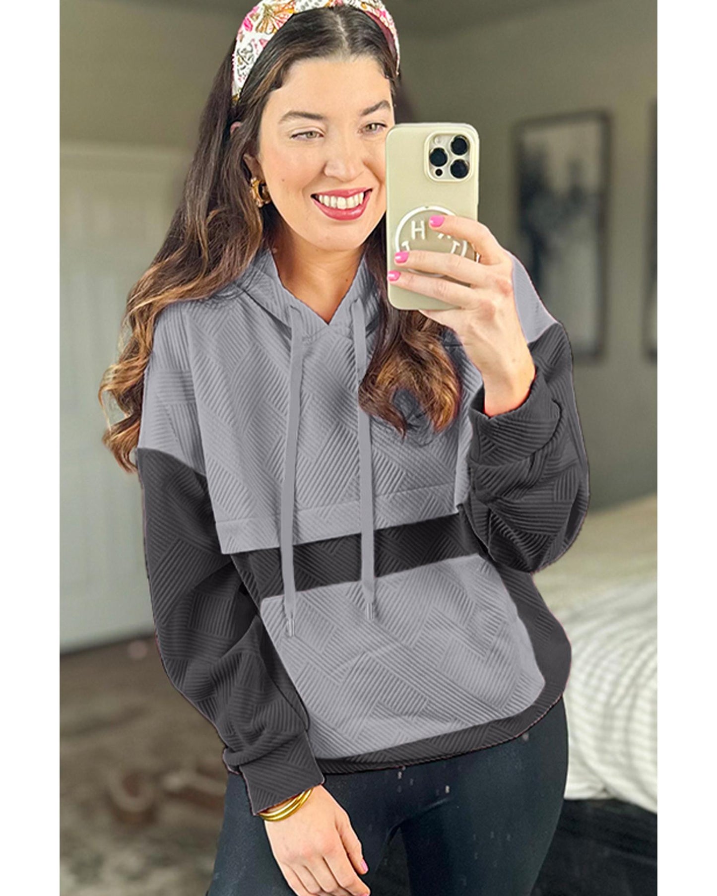 Gray Textured Color Block Kangaroo Pocket Drop Shoulder Hoodie - 2XL