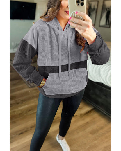 Gray Textured Color Block Kangaroo Pocket Drop Shoulder Hoodie - L