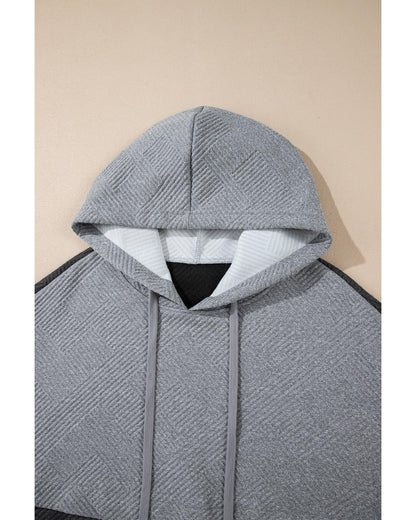 Gray Textured Color Block Kangaroo Pocket Drop Shoulder Hoodie - L