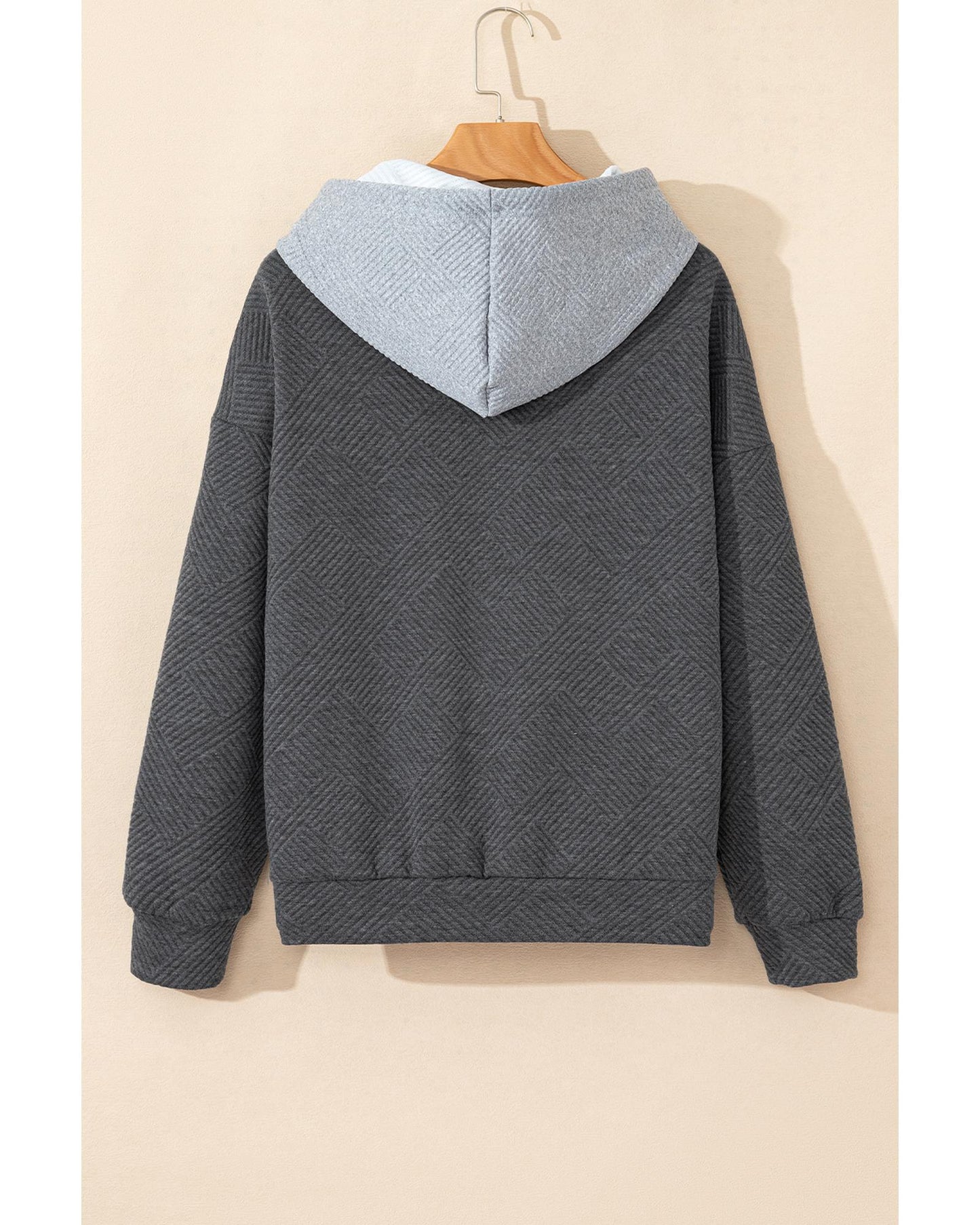 Gray Textured Color Block Kangaroo Pocket Drop Shoulder Hoodie - L