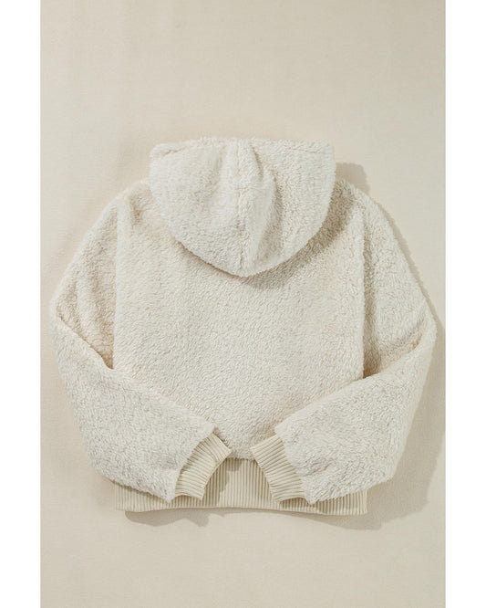 White Contrast Ribbed Edge Plush Hoodie - L