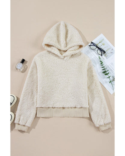 White Contrast Ribbed Edge Plush Hoodie - L