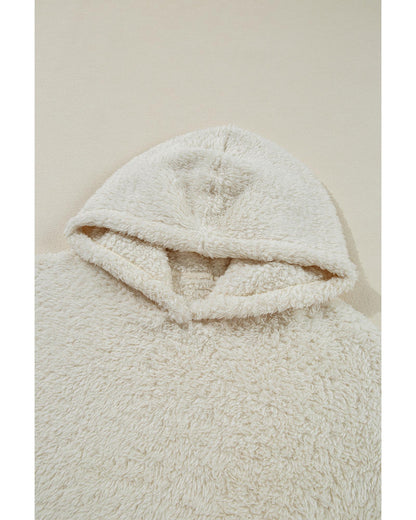 White Contrast Ribbed Edge Plush Hoodie - M
