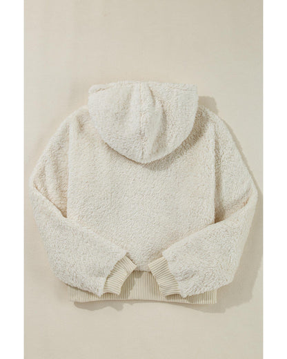 White Contrast Ribbed Edge Plush Hoodie - S