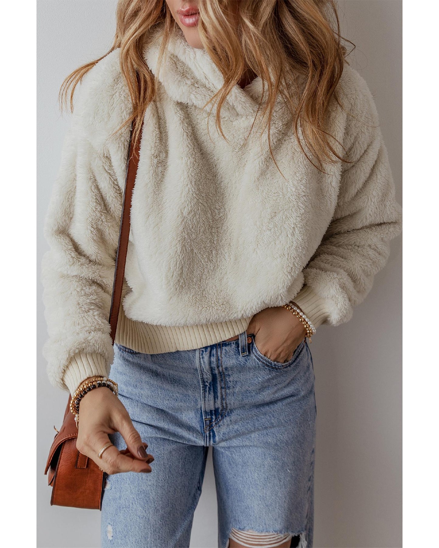 White Contrast Ribbed Edge Plush Hoodie - S