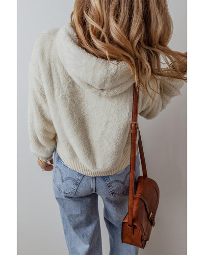 White Contrast Ribbed Edge Plush Hoodie - S