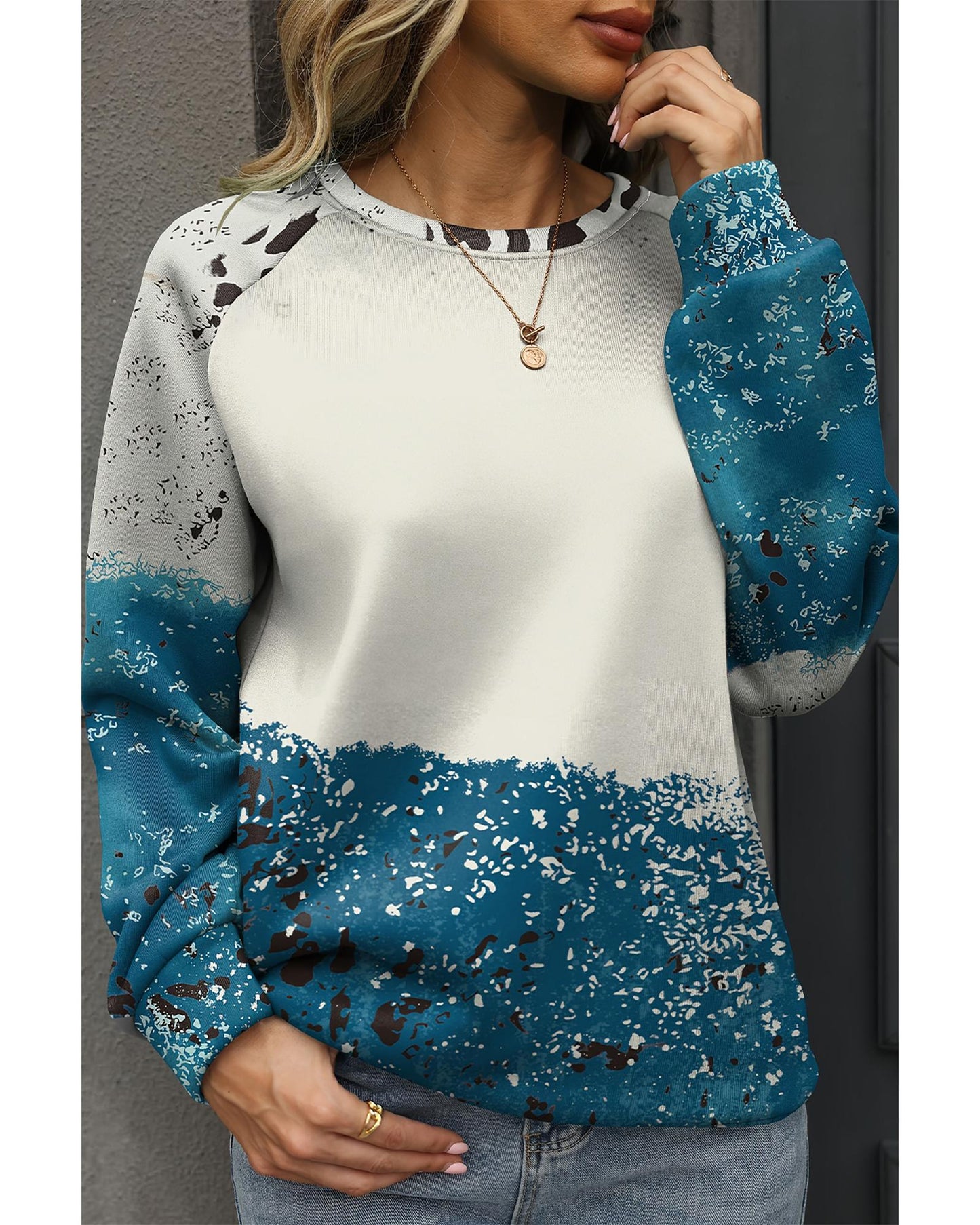 Blue Tie Dye Cow Color Block Pullover Sweatshirt - L