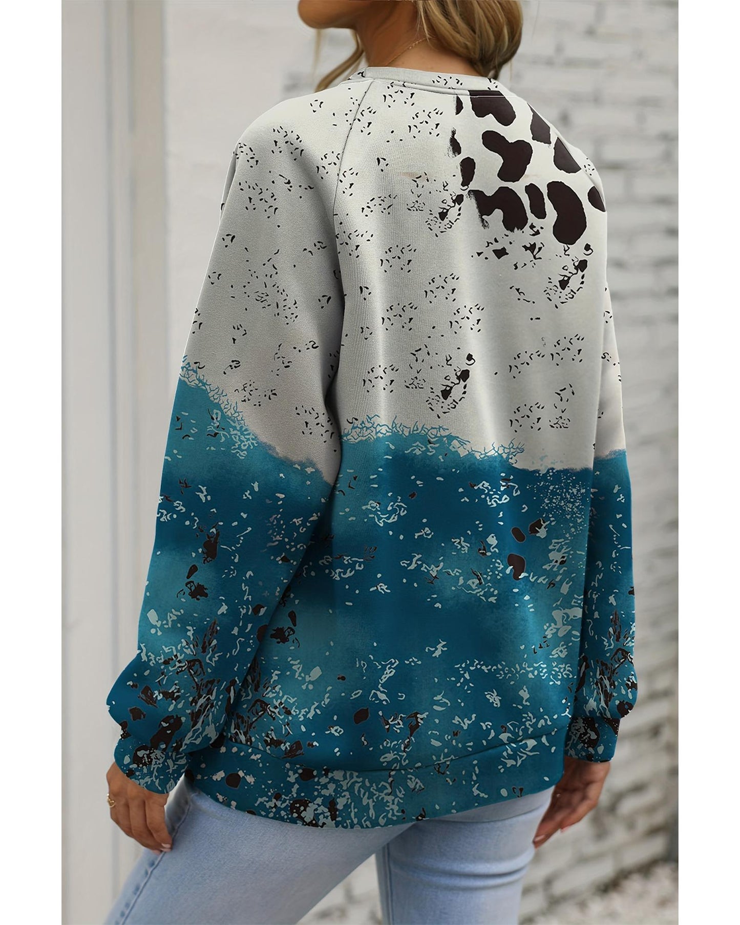 Blue Tie Dye Cow Color Block Pullover Sweatshirt - M