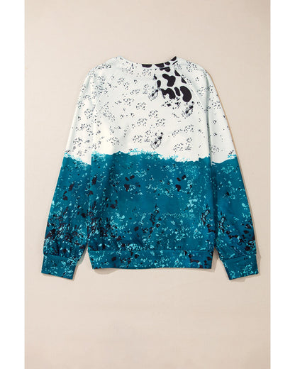 Blue Tie Dye Cow Color Block Pullover Sweatshirt - M