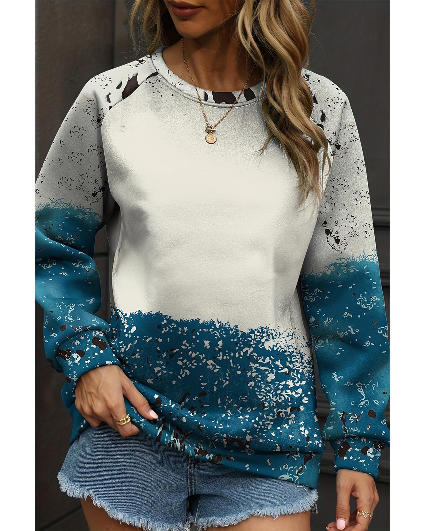 Blue Tie Dye Cow Color Block Pullover Sweatshirt - M