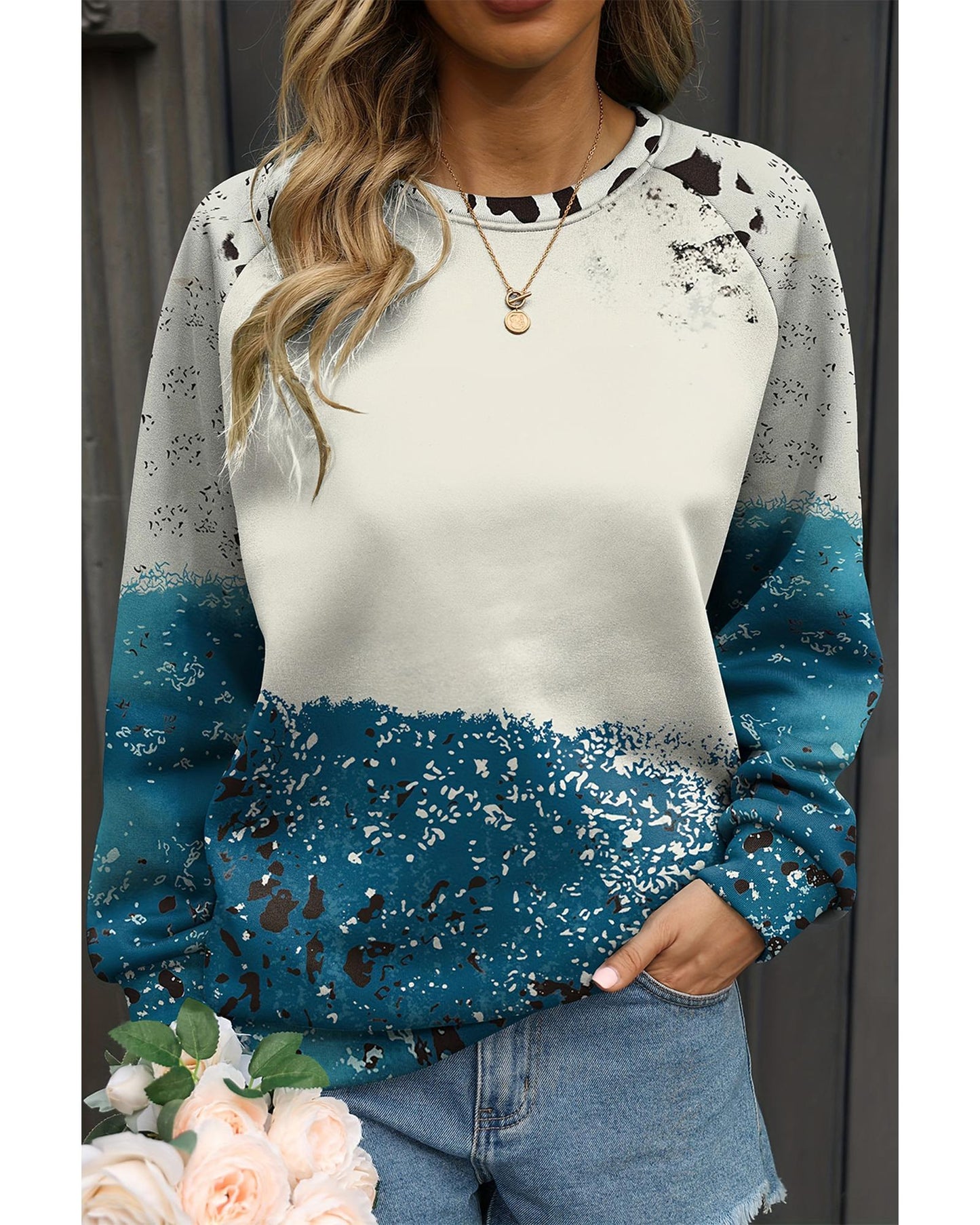 Blue Tie Dye Cow Color Block Pullover Sweatshirt - S