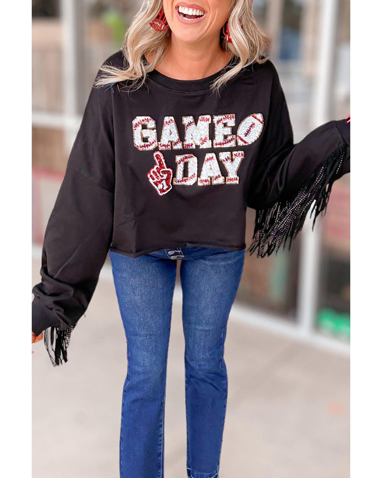 Black GAME DAY Rugby Sequined Tasseled Cropped Sweatshirt - S