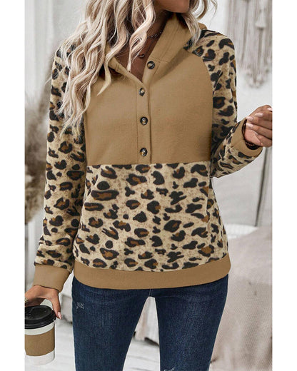 Light French Beige Leopard Print Patchwork Raglan Sleeve Half Buttons Hoodie - L