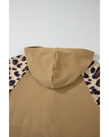 Light French Beige Leopard Print Patchwork Raglan Sleeve Half Buttons Hoodie - L