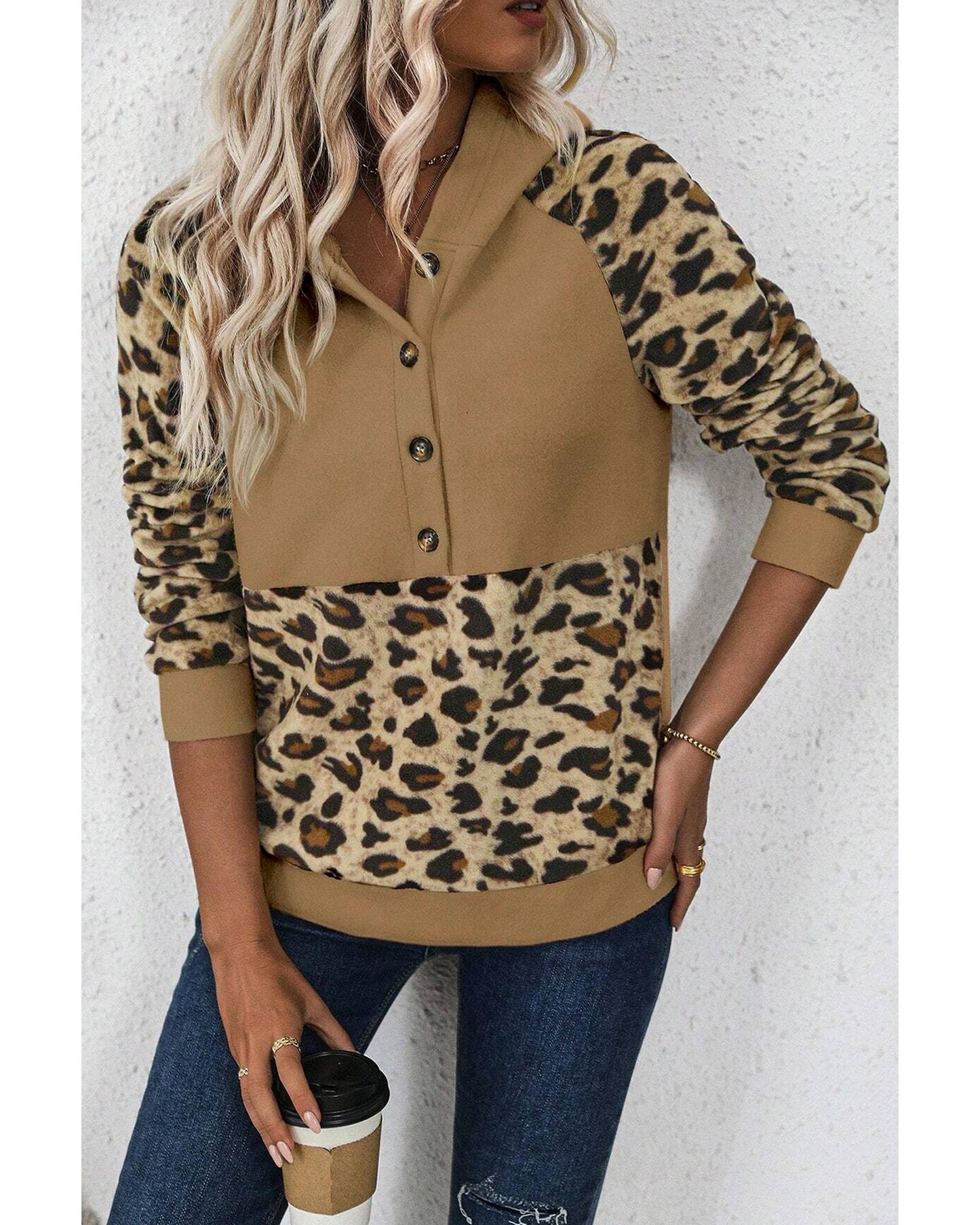 Light French Beige Leopard Print Patchwork Raglan Sleeve Half Buttons Hoodie - L