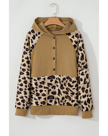 Light French Beige Leopard Print Patchwork Raglan Sleeve Half Buttons Hoodie - L
