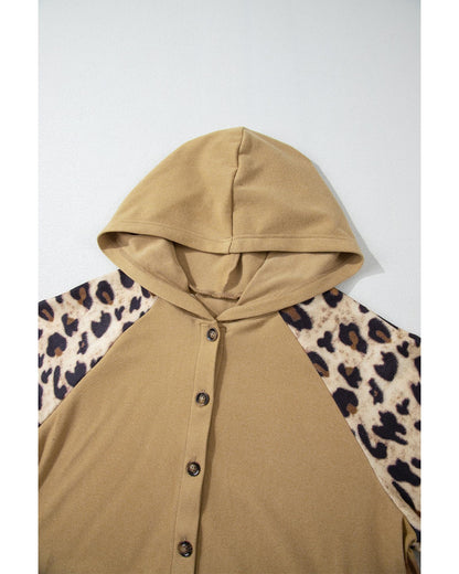 Light French Beige Leopard Print Patchwork Raglan Sleeve Half Buttons Hoodie - L