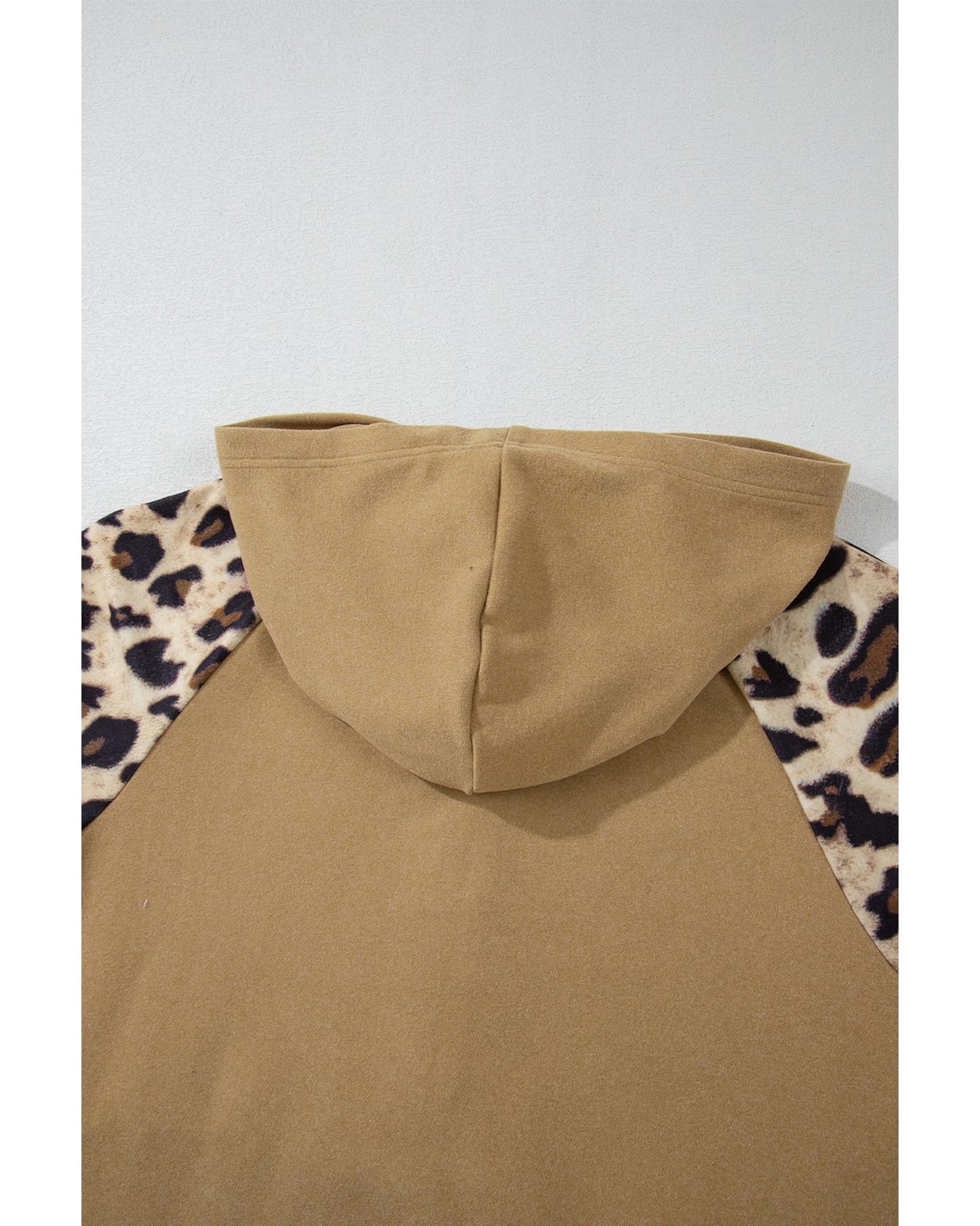 Light French Beige Leopard Print Patchwork Raglan Sleeve Half Buttons Hoodie - M