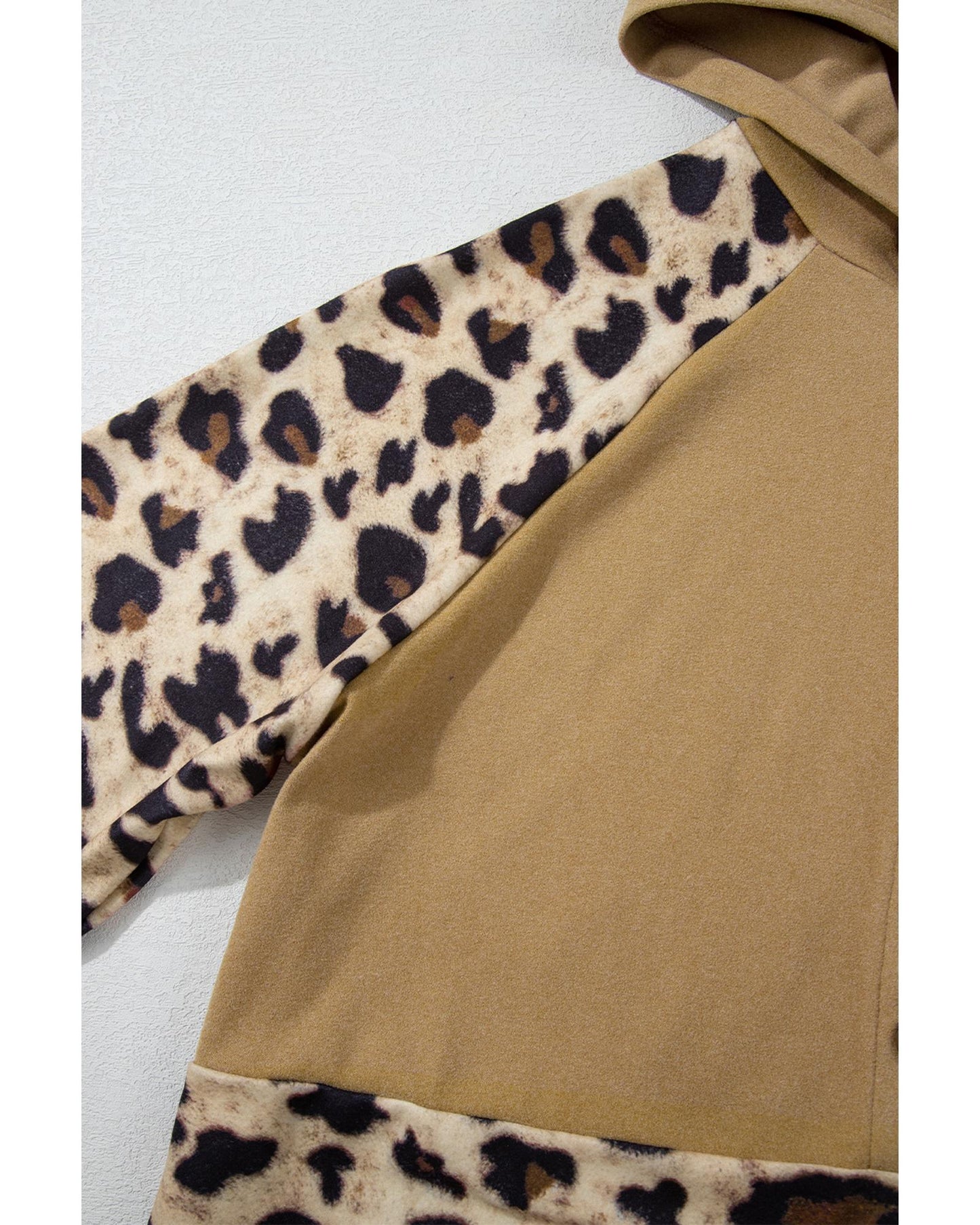 Light French Beige Leopard Print Patchwork Raglan Sleeve Half Buttons Hoodie - M