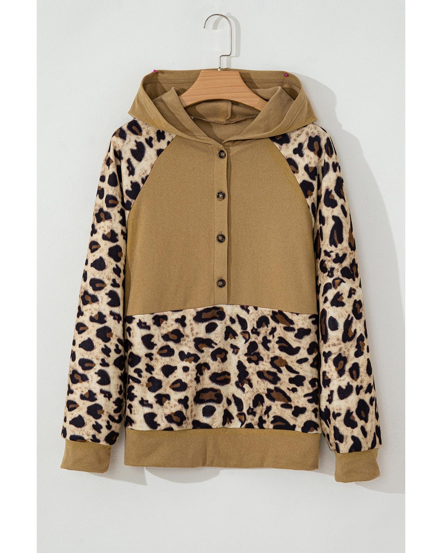 Light French Beige Leopard Print Patchwork Raglan Sleeve Half Buttons Hoodie - M