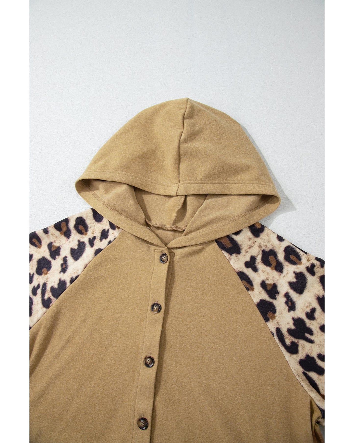 Light French Beige Leopard Print Patchwork Raglan Sleeve Half Buttons Hoodie - M