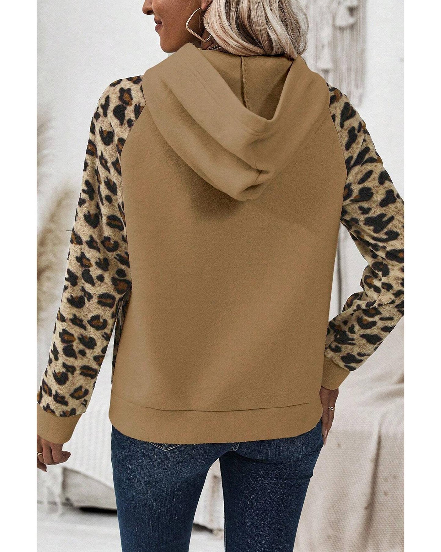 Light French Beige Leopard Print Patchwork Raglan Sleeve Half Buttons Hoodie - M