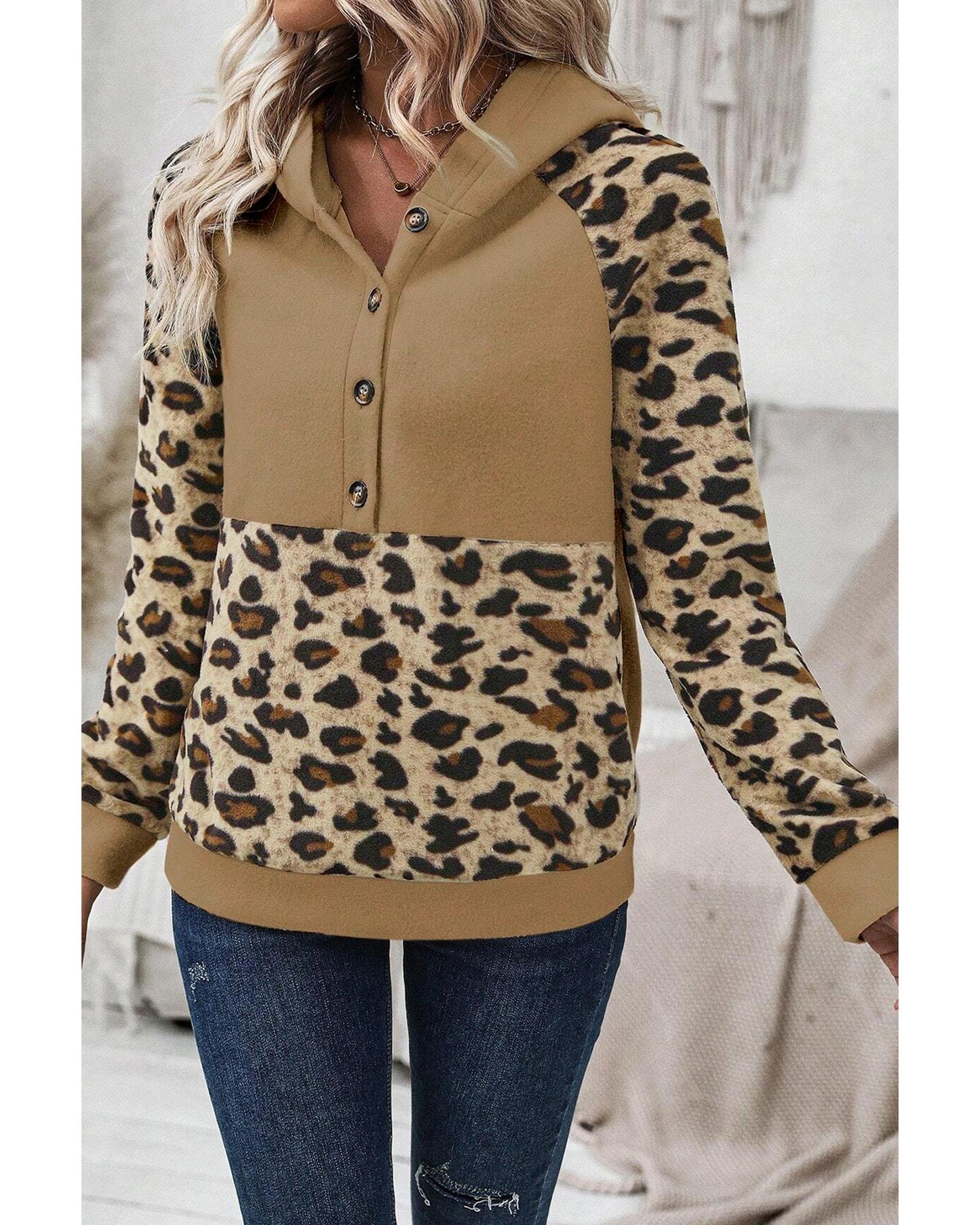 Light French Beige Leopard Print Patchwork Raglan Sleeve Half Buttons Hoodie - M