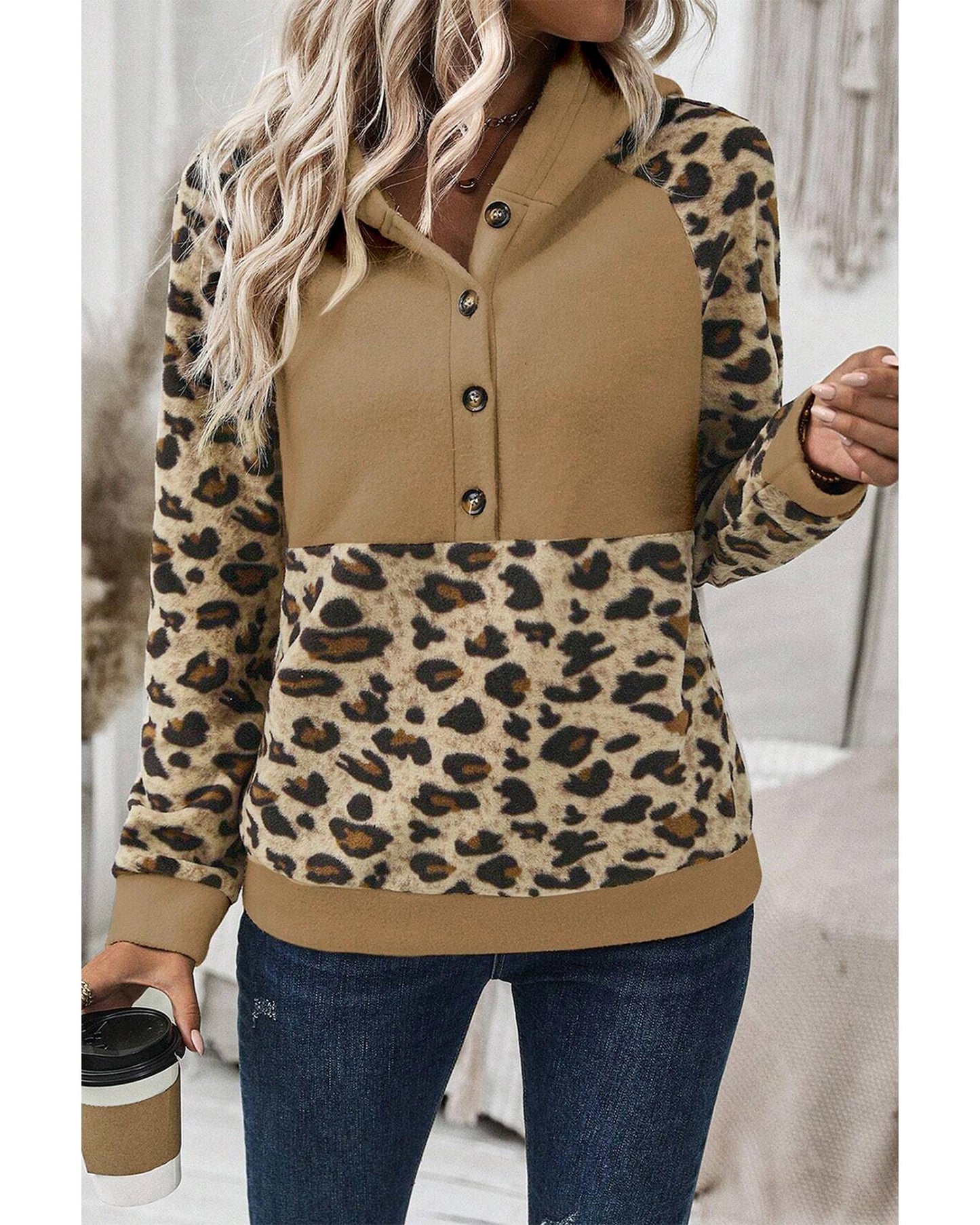 Light French Beige Leopard Print Patchwork Raglan Sleeve Half Buttons Hoodie - S