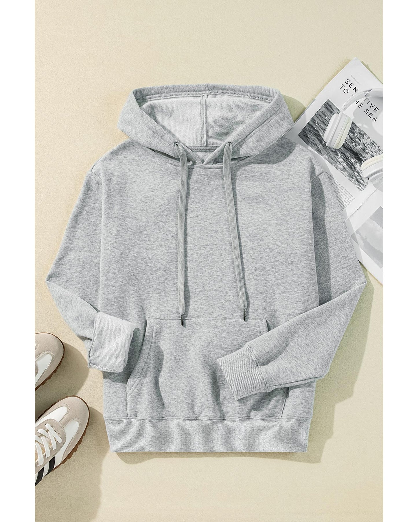 Light Grey Solid Color Fleece Lined Drawstring Hoodie with Pocket - 2XL