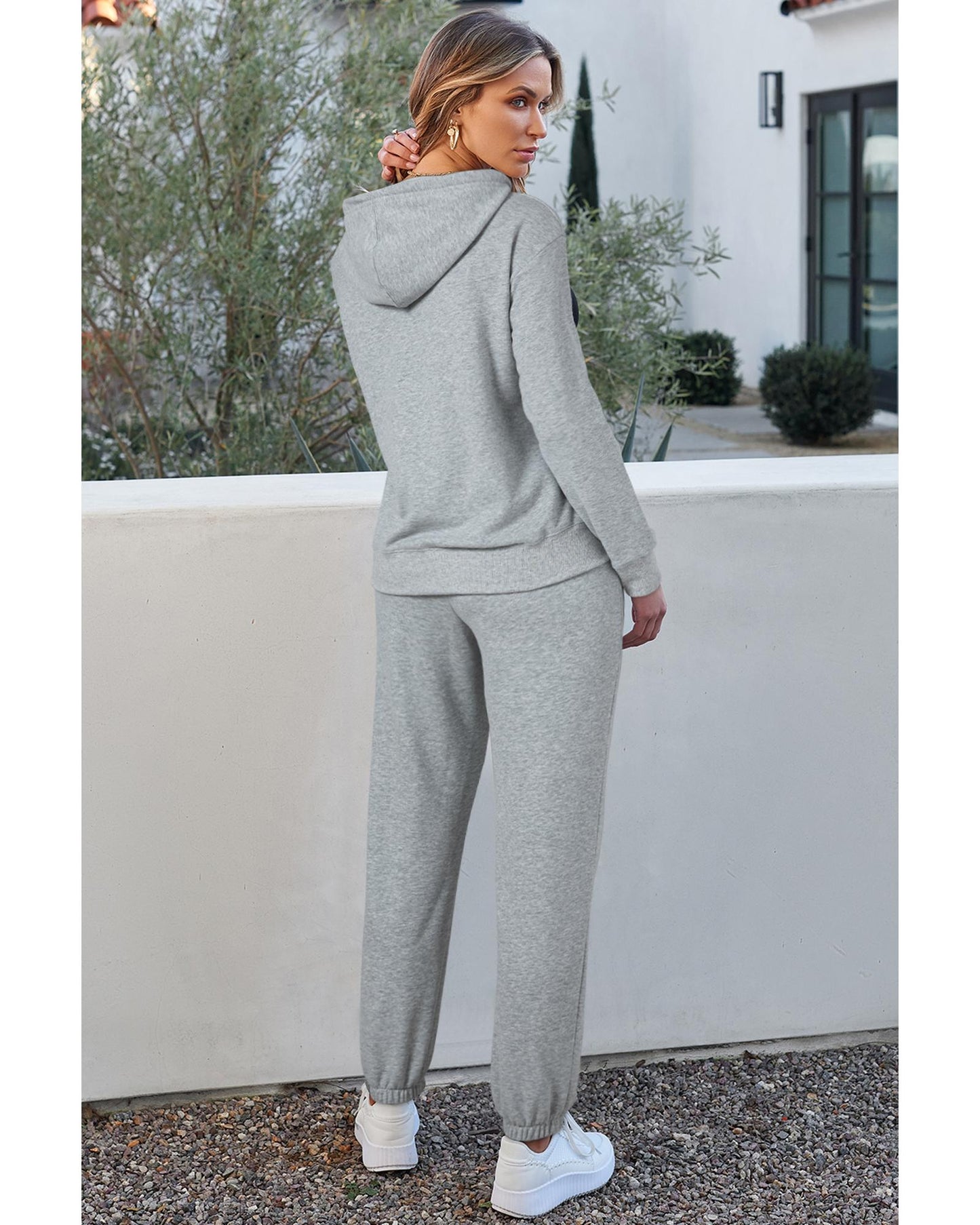 Light Grey Solid Color Fleece Lined Drawstring Hoodie with Pocket - L