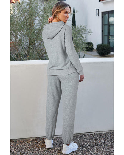 Light Grey Solid Color Fleece Lined Drawstring Hoodie with Pocket - M