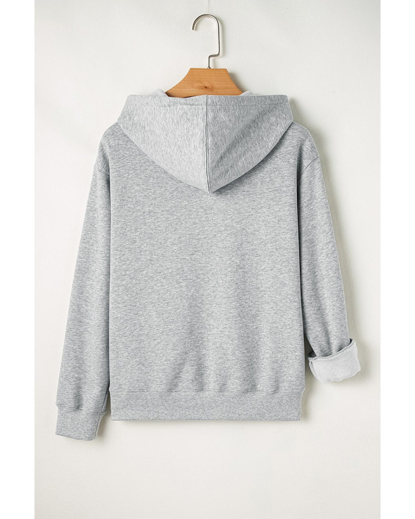 Light Grey Solid Color Fleece Lined Drawstring Hoodie with Pocket - M