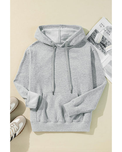 Light Grey Solid Color Fleece Lined Drawstring Hoodie with Pocket - XL