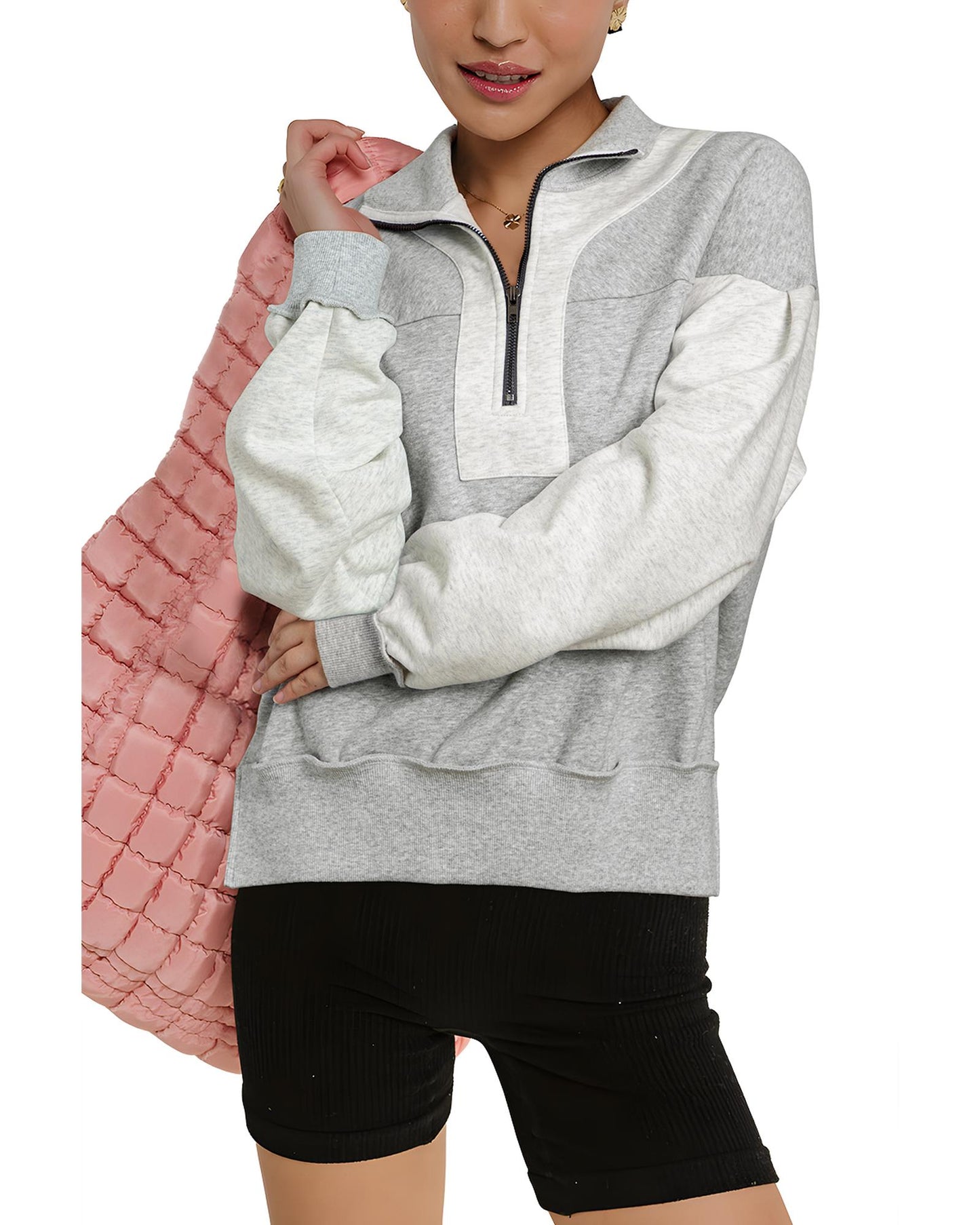 Gray Half Zipper Collared Drop Shoulder Side Slits Sweatshirt - M