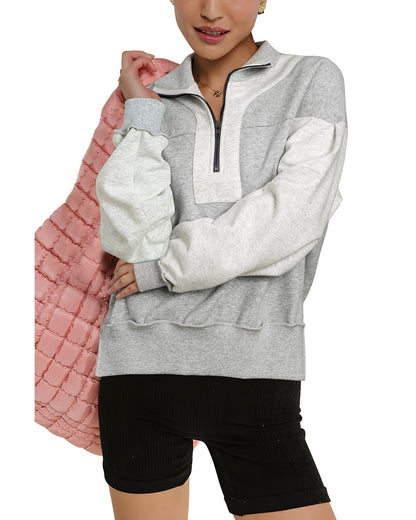 Gray Half Zipper Collared Drop Shoulder Side Slits Sweatshirt - M