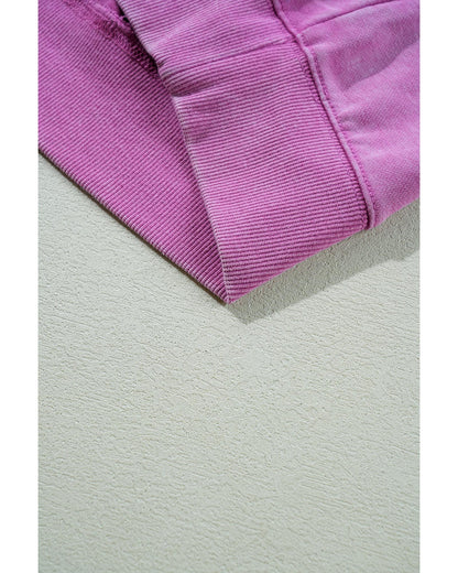 Bright Pink Solid Color Notched Neck Drop Shoulder Sweatshirt - M