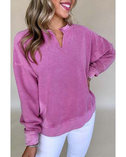 Bright Pink Solid Color Notched Neck Drop Shoulder Sweatshirt - M