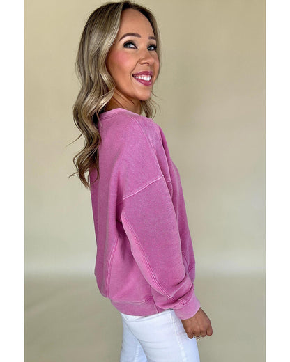 Bright Pink Solid Color Notched Neck Drop Shoulder Sweatshirt - M
